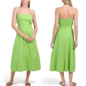 HEMANT AND NANDITA Linen Blend Cutout Midi Dress Green Size Large NWT